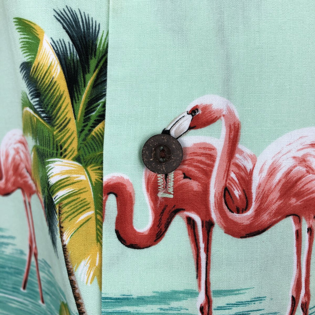 PACIFIC LEGEND Flamingo Pattern Palm Tree Open Collar Hawaiian Aloha Shirt Box Shirt Made in Hawaii Men's XL Equivalent cotton Emerald green Vintage Second Hand