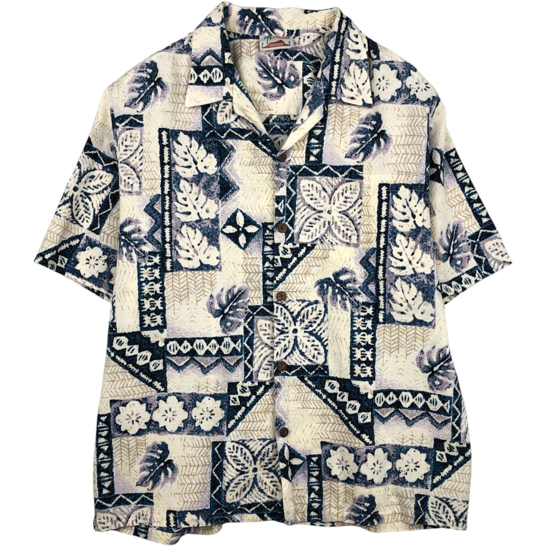 80s-90'S EVERGREEN ISLAND all-over print open-collar Hawaiian Aloha shirt, boxy style, made in Hawaii, men's size L equivalent. unclear ivory Vintage Second Hand