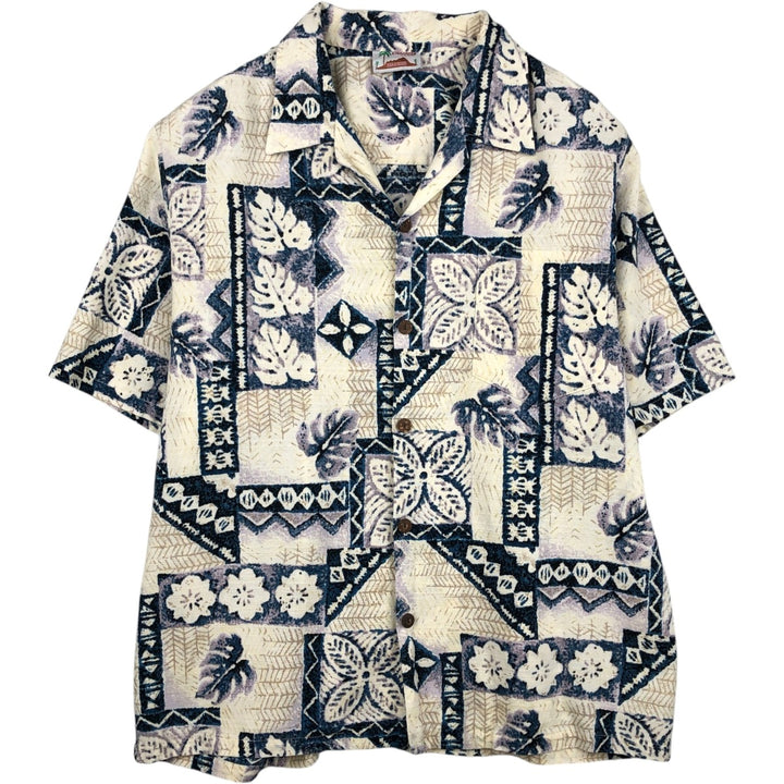 80s-90'S EVERGREEN ISLAND all-over print open-collar Hawaiian Aloha shirt, boxy style, made in Hawaii, men's size L equivalent. unclear ivory Vintage Second Hand