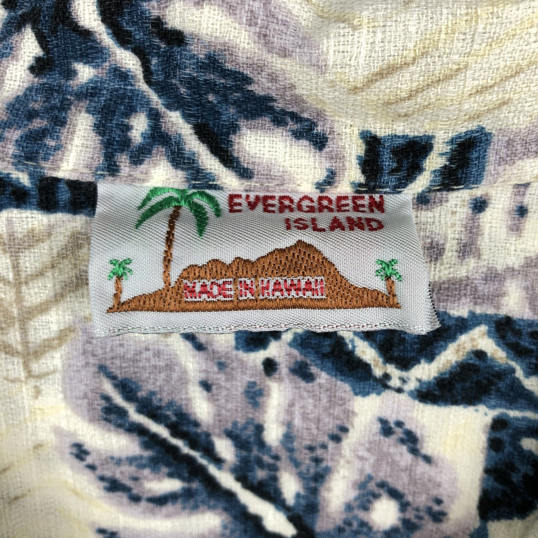 80s-90'S EVERGREEN ISLAND all-over print open-collar Hawaiian Aloha shirt, boxy style, made in Hawaii, men's size L equivalent. unclear ivory Vintage Second Hand