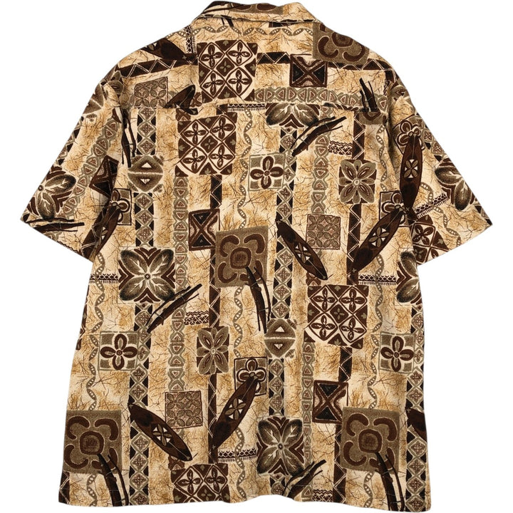 T and C Surf Designs all-over print open-collar Hawaiian Aloha shirt, boxy style, made in Hawaii, men's size L equivalent, vintage. cotton Beige type Vintage Second Hand