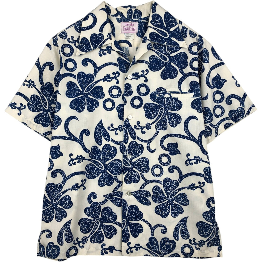 Haleaka Fashions Hibiscus Pattern Open Collar Hawaiian Aloha Shirt, Boxy Shirt, Made in Hawaii, Men's Size L (approx.) unclear Navy blue Vintage Second Hand