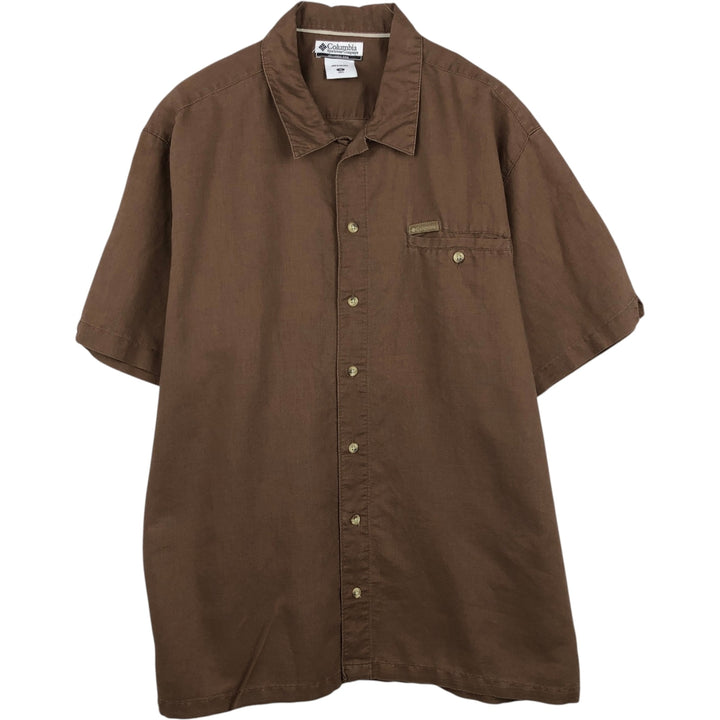 2000'S Columbia Short-Sleeve Cotton x Ramie Shirt, Boxy Shirt, Men's Size XL (approx.) Lamy brown type Vintage Second Hand