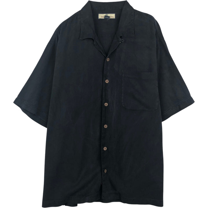 Tommy Bahama Herringbone Short Sleeve Open Collar Silk Box Shirt, Men's Size L silk black type Vintage Second Hand
