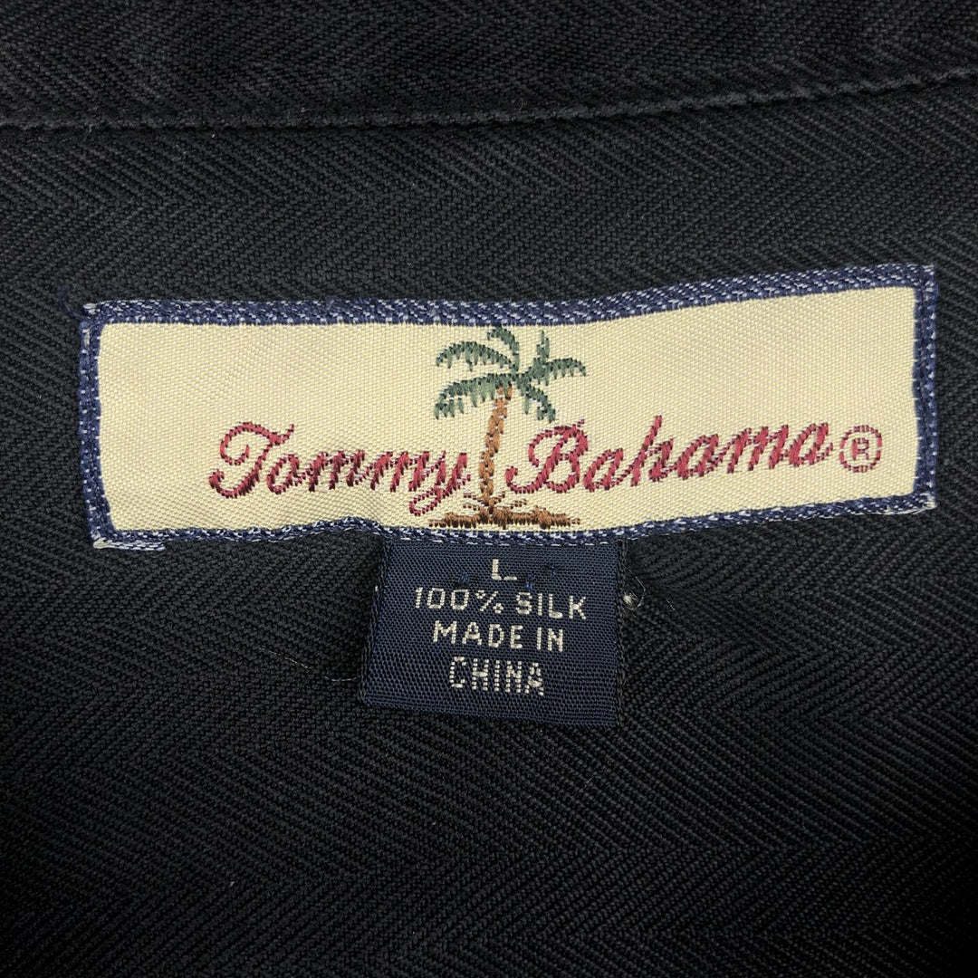 Tommy Bahama Herringbone Short Sleeve Open Collar Silk Box Shirt, Men's Size L silk black type Vintage Second Hand