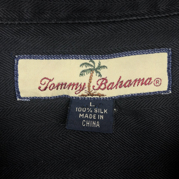 Tommy Bahama Herringbone Short Sleeve Open Collar Silk Box Shirt, Men's Size L silk black type Vintage Second Hand