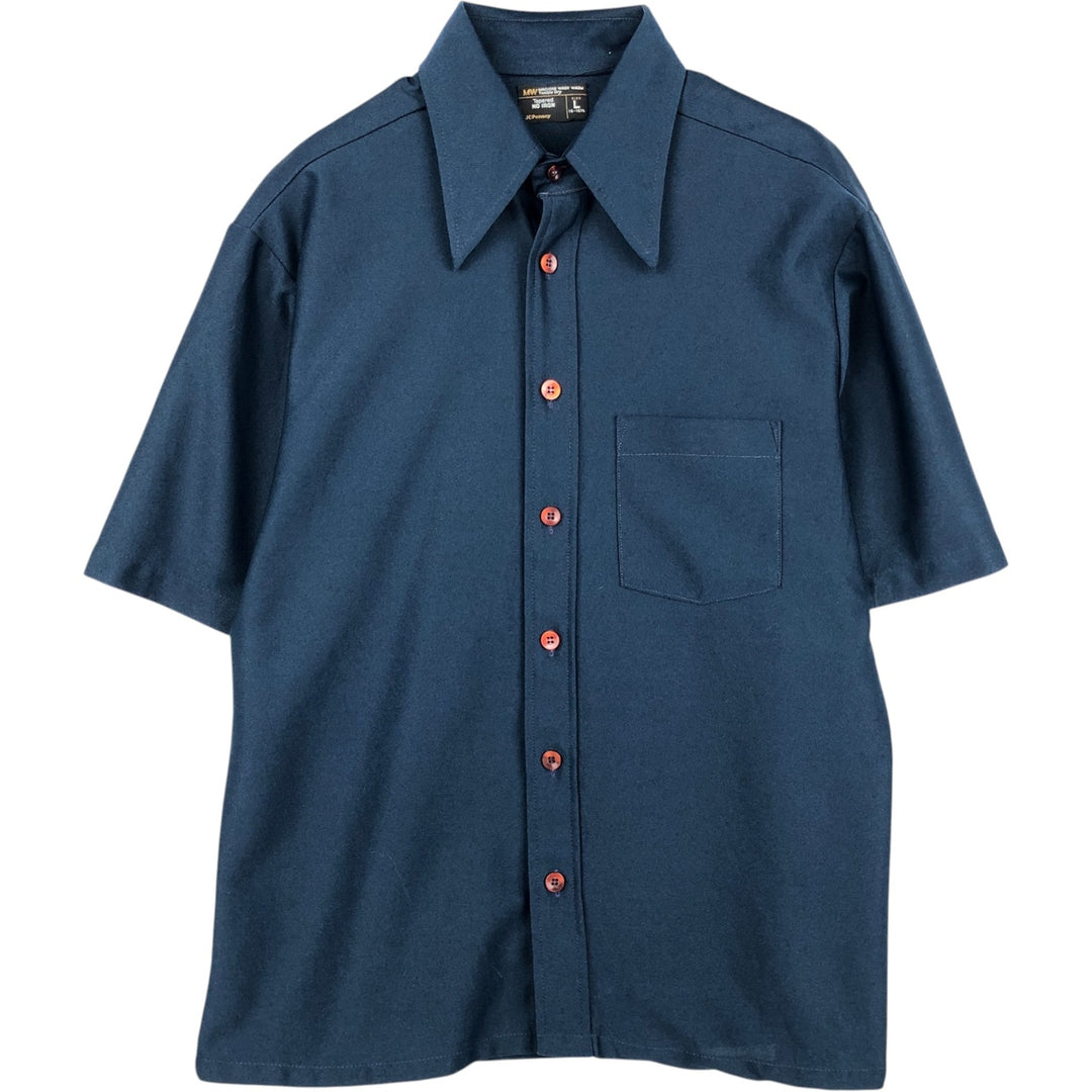 70s-80'S JCPenney Short-Sleeve Box Shirt, Men's Size L (approx.), Vintage unclear navy blue type Vintage Second Hand