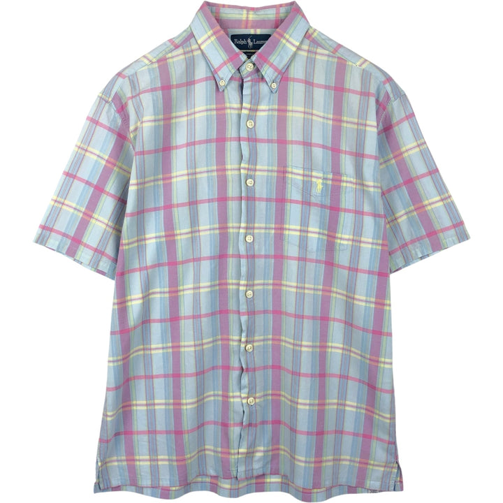 Ralph Lauren GREGGOR Madras Check Short-Sleeve Button-Down Check Shirt, Boxy Shirt, Men's Size M (approx.) cotton Blue type light blue Vintage Second Hand