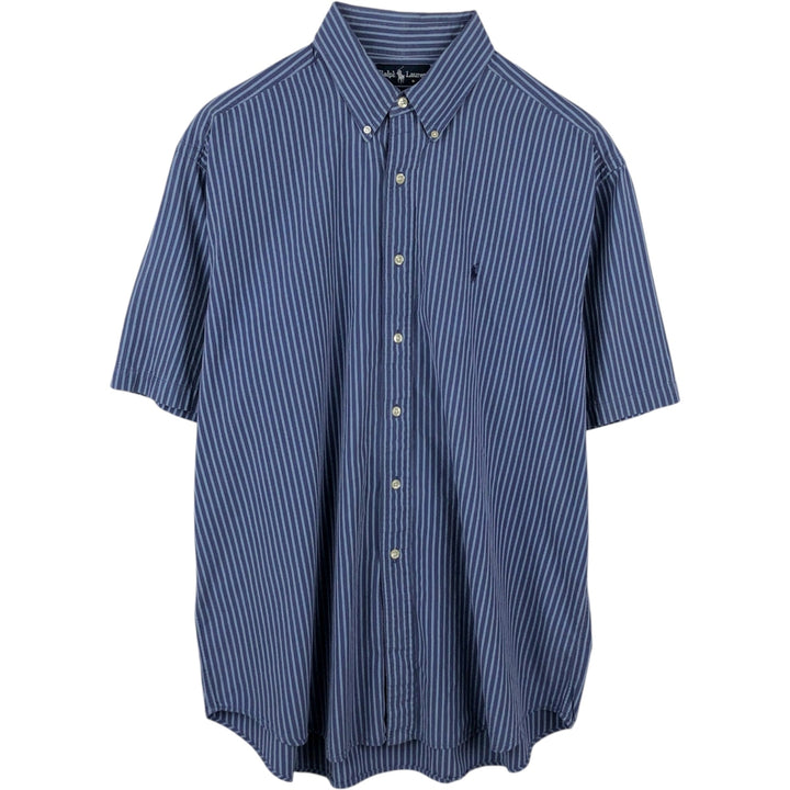 Ralph Lauren BLAKE Short-Sleeve Button-Down Striped Shirt, Men's Size XL (approx.) cotton navy blue type Vintage Second Hand