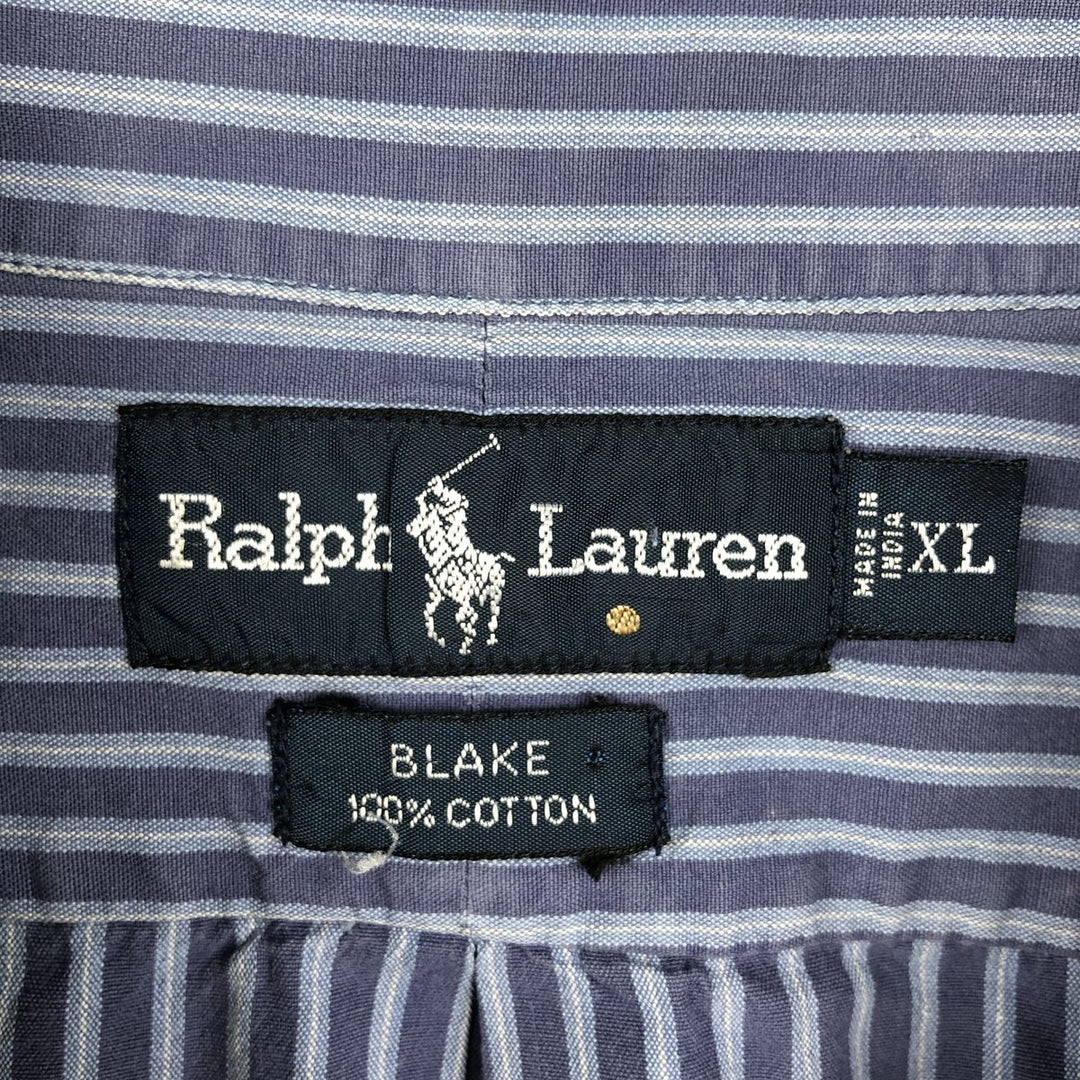 Ralph Lauren BLAKE Short-Sleeve Button-Down Striped Shirt, Men's Size XL (approx.) cotton navy blue type Vintage Second Hand