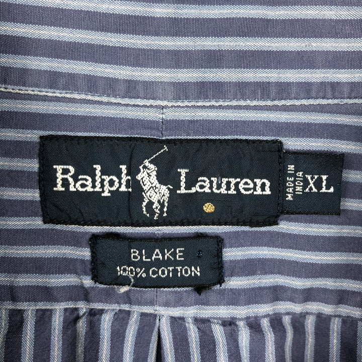 Ralph Lauren BLAKE Short-Sleeve Button-Down Striped Shirt, Men's Size XL (approx.) cotton navy blue type Vintage Second Hand