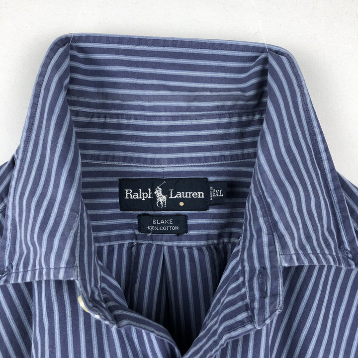 Ralph Lauren BLAKE Short-Sleeve Button-Down Striped Shirt, Men's Size XL (approx.) cotton navy blue type Vintage Second Hand