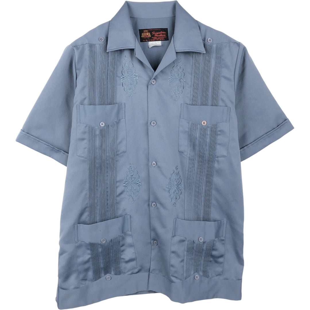 Guayaberas Yucatecas Short-Sleeve Open-Collar Mexican Shirt, Cuban Shirt, Boxy Shirt, Men's Size M (Equivalent), Vintage unclear blue type Vintage Second Hand