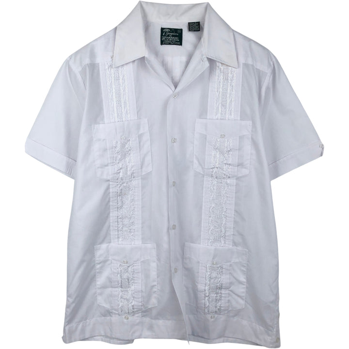 ~90'S HABAND Guayabera Short-Sleeve Open Collar Mexican Shirt Cuban Shirt Box Shirt Men's Size M polyester white type Vintage Second Hand