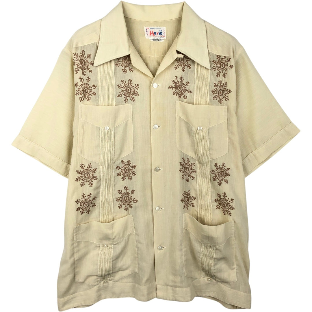 CONFECCIONES Mario Short-Sleeve Open-Collar Mexican Shirt, Cuban Shirt, Boxy Shirt, Men's Size M (Equivalent), Vintage polyester unbleached Vintage Second Hand