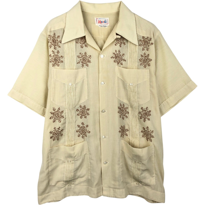 CONFECCIONES Mario Short-Sleeve Open-Collar Mexican Shirt, Cuban Shirt, Boxy Shirt, Men's Size M (Equivalent), Vintage polyester unbleached Vintage Second Hand