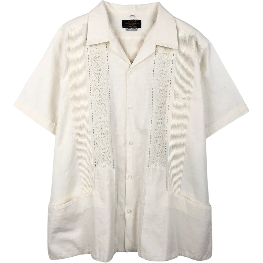 CONTINENTAL Short-Sleeve Open-Collar Mexican Shirt, Cuban Shirt, Boxy Shirt, Men's Size L (Equivalent), Vintage linen pale white type Vintage Second Hand