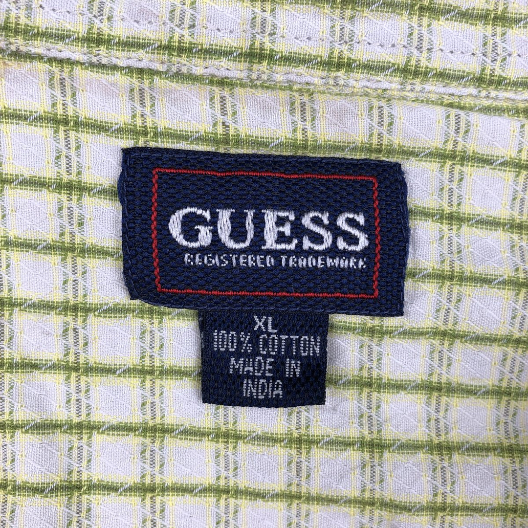 Guess Short-Sleeve Cotton Check Shirt, Boxy Fit, Men's Size XL (approx.) cotton green type yellow green Vintage Second Hand