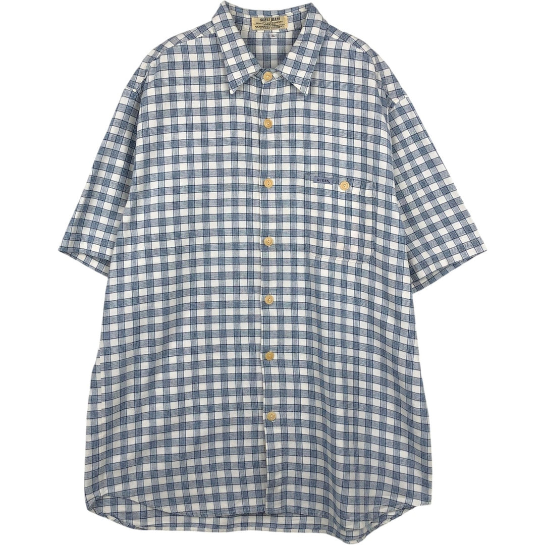 Guess Jeans Short-Sleeve Cotton Check Shirt, Made in USA, Men's Size XL (approx.) cotton blue type Vintage Second Hand