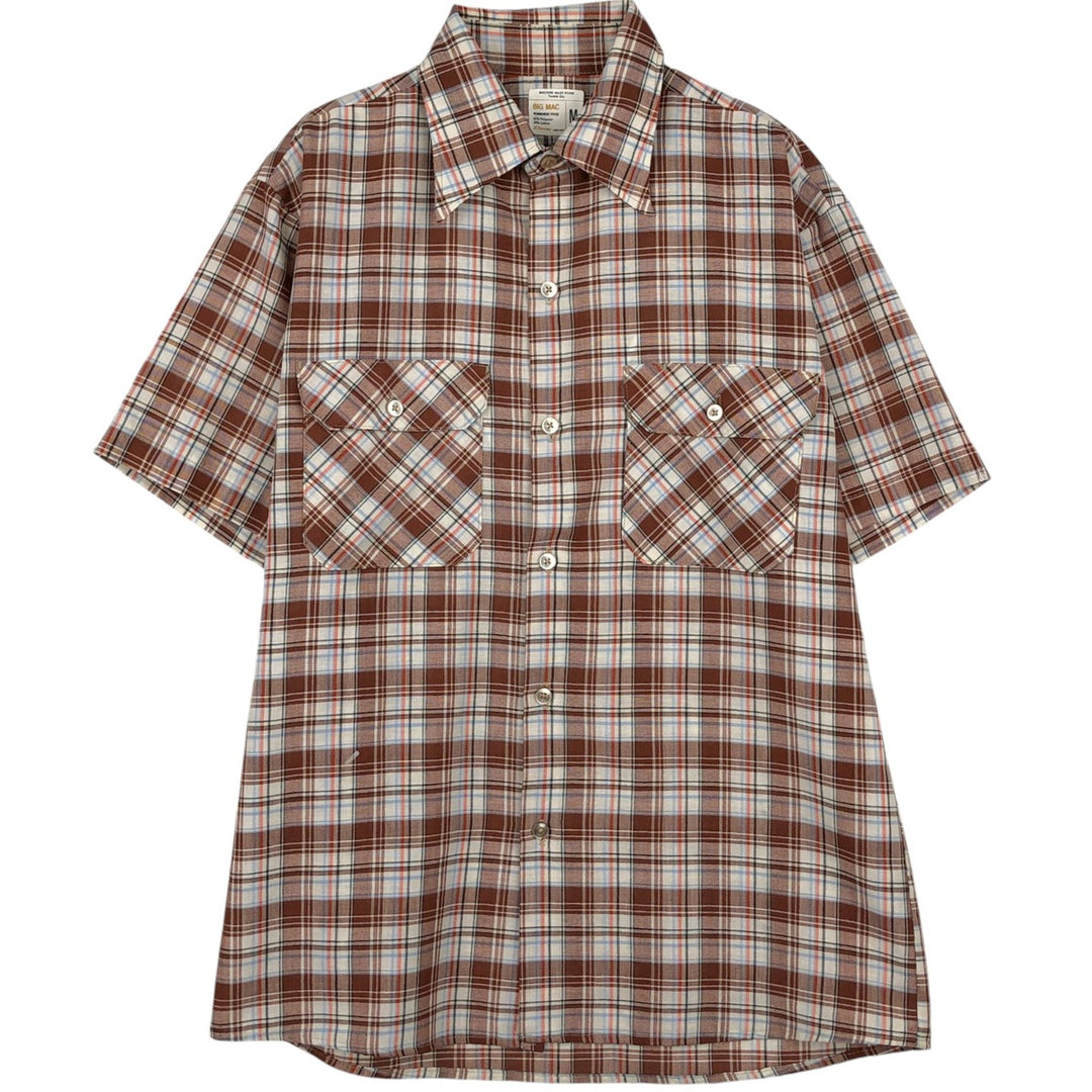 Big Mac Check Pattern Short-Sleeve Poly-Cotton Shirt, Men's Size M (Equivalent), Vintage polyester brown type Vintage Second Hand