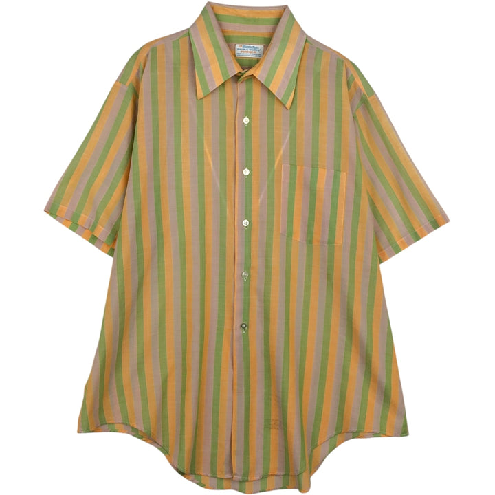 ~1970'S Manhattan DURABRITE TORQUE Stripe Pattern Short-Sleeve Poly-Cotton Shirt, Men's Size L (Equivalent), Vintage polyester green type yellow green Vintage Second Hand