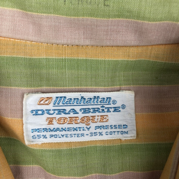 ~1970'S Manhattan DURABRITE TORQUE Stripe Pattern Short-Sleeve Poly-Cotton Shirt, Men's Size L (Equivalent), Vintage polyester green type yellow green Vintage Second Hand