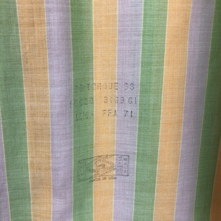 ~1970'S Manhattan DURABRITE TORQUE Stripe Pattern Short-Sleeve Poly-Cotton Shirt, Men's Size L (Equivalent), Vintage polyester green type yellow green Vintage Second Hand