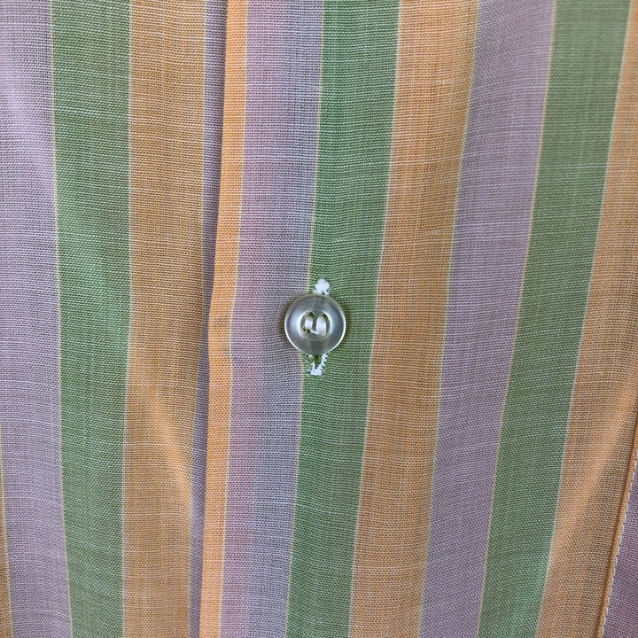 ~1970'S Manhattan DURABRITE TORQUE Stripe Pattern Short-Sleeve Poly-Cotton Shirt, Men's Size L (Equivalent), Vintage polyester green type yellow green Vintage Second Hand