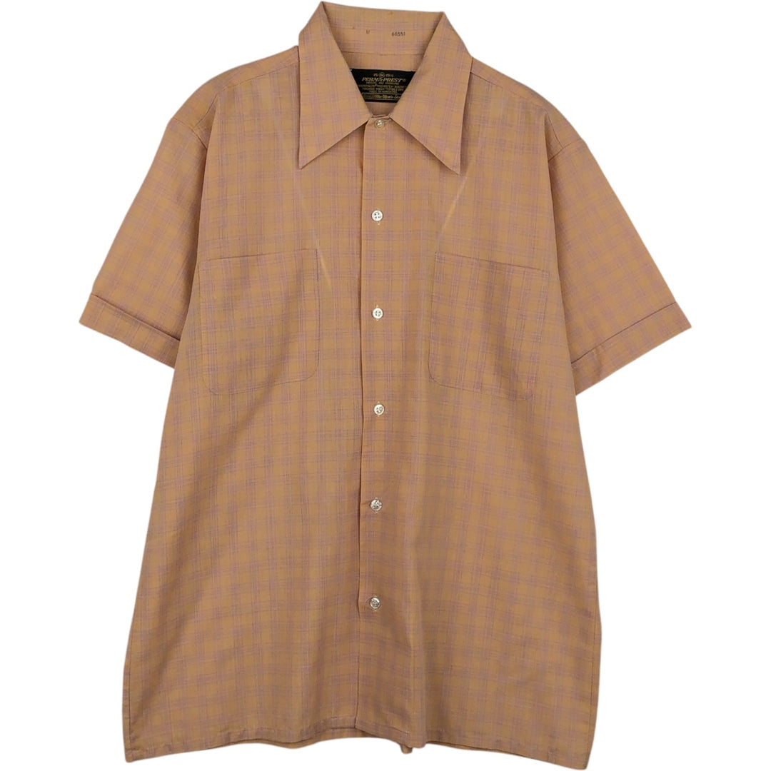 ~1970'S Sears PERMA-PREST Check Pattern Short-Sleeve Poly-Cotton Shirt, Men's Size M, Boxy Shirt, Vintage polyester orange type Vintage Second Hand