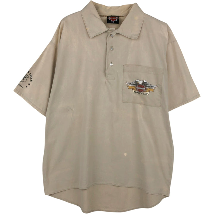 Harley-Davidson Eagle Pattern/Stars and Stripes Pullover Short-Sleeve Work Shirt (Men's Size M) cotton Beige type Vintage Second Hand