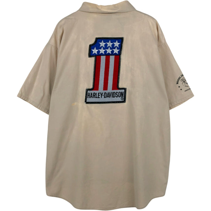 Harley-Davidson Eagle Pattern/Stars and Stripes Pullover Short-Sleeve Work Shirt (Men's Size M) cotton Beige type Vintage Second Hand
