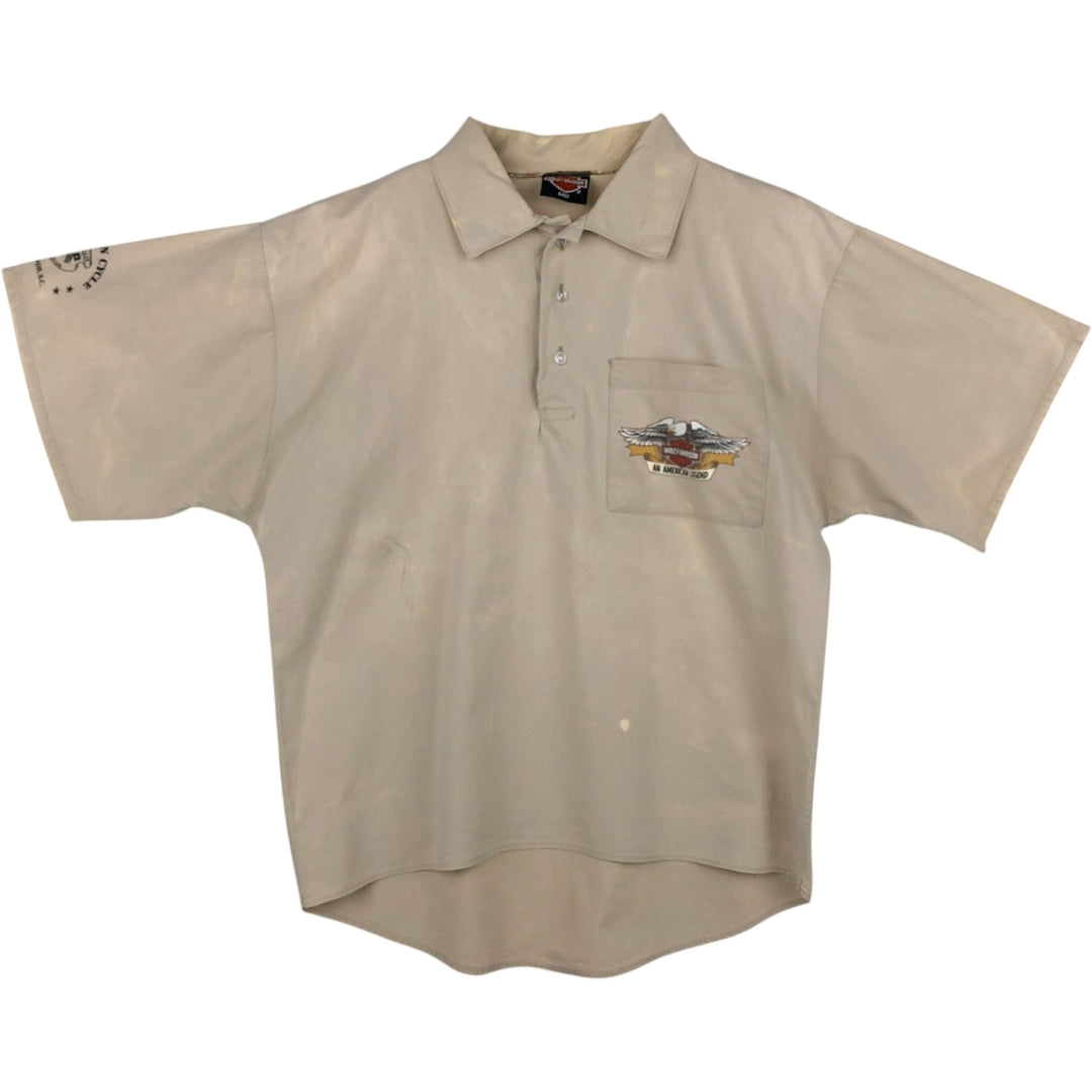 Harley-Davidson Eagle Pattern/Stars and Stripes Pullover Short-Sleeve Work Shirt (Men's Size M) cotton Beige type Vintage Second Hand