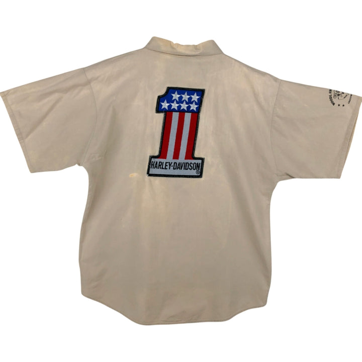 Harley-Davidson Eagle Pattern/Stars and Stripes Pullover Short-Sleeve Work Shirt (Men's Size M) cotton Beige type Vintage Second Hand
