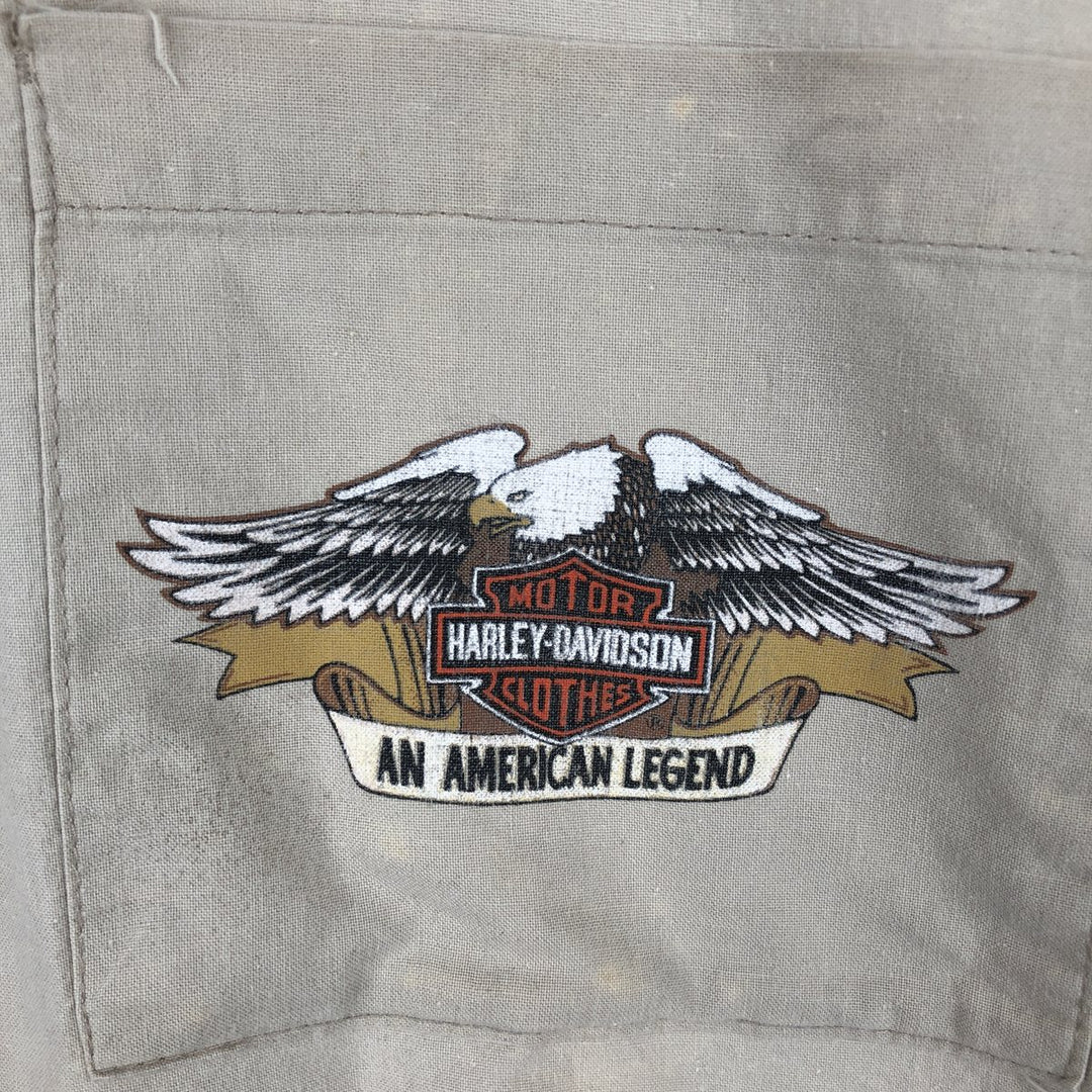 Harley-Davidson Eagle Pattern/Stars and Stripes Pullover Short-Sleeve Work Shirt (Men's Size M) cotton Beige type Vintage Second Hand