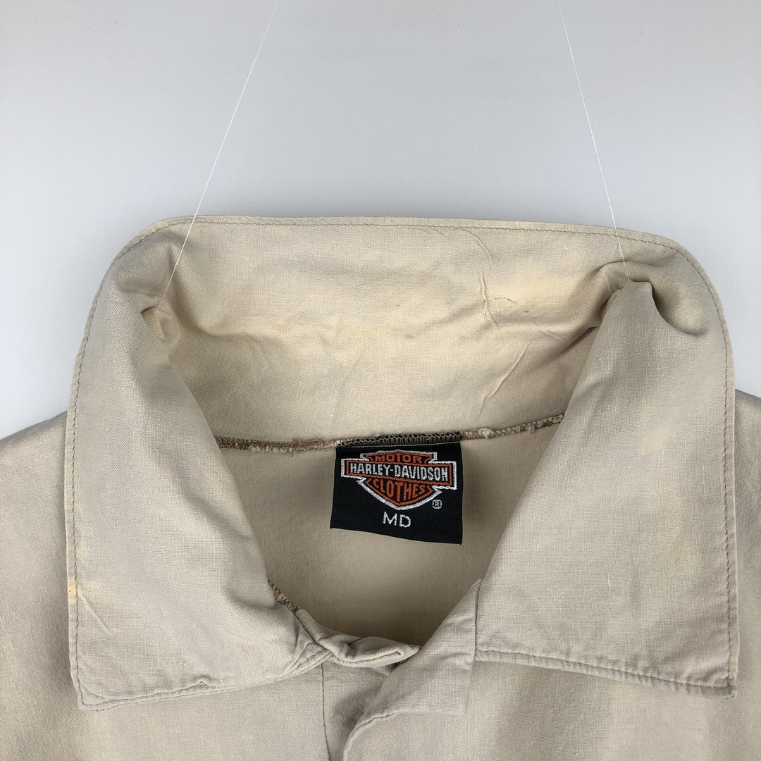 Harley-Davidson Eagle Pattern/Stars and Stripes Pullover Short-Sleeve Work Shirt (Men's Size M) cotton Beige type Vintage Second Hand