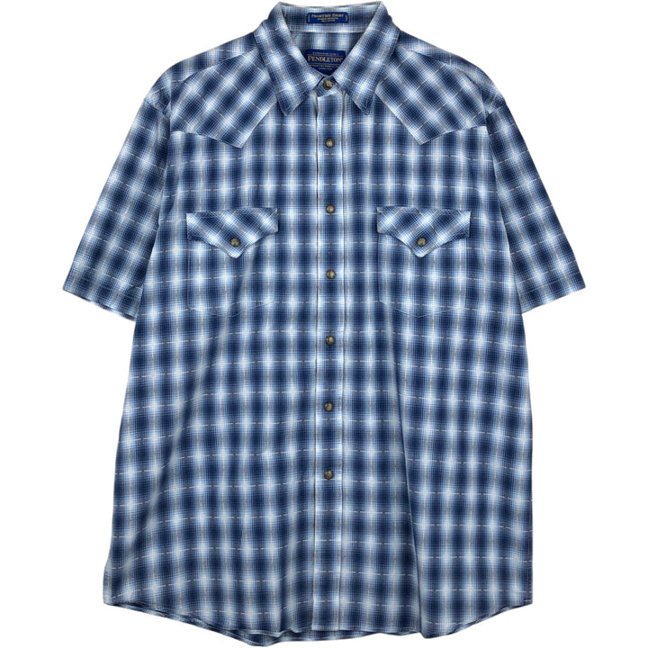 Pendleton Frontier Shirt, Ombre Check, Short Sleeve Western Shirt, Men's Size L (Equivalent), Regular Collar cotton navy blue type Vintage Second Hand