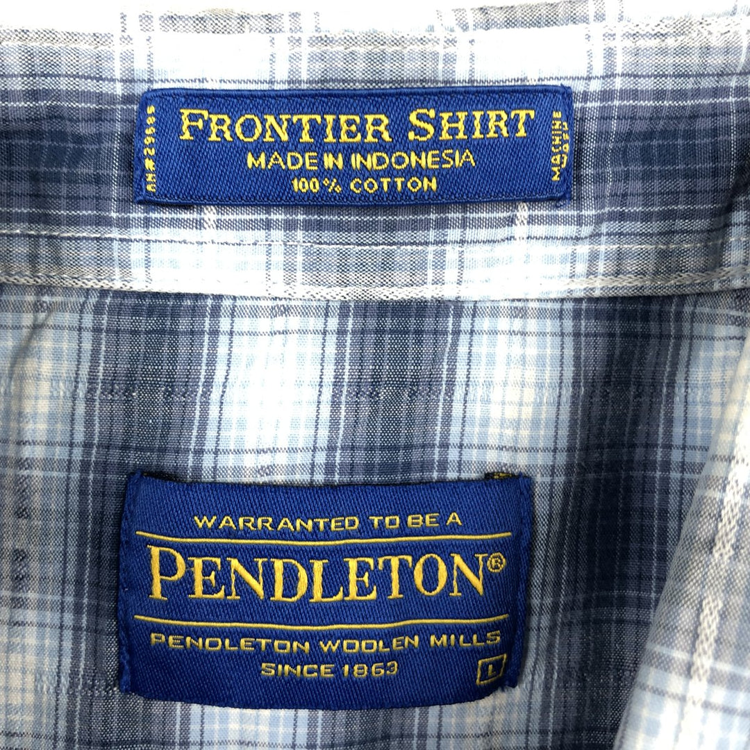 Pendleton Frontier Shirt, Ombre Check, Short Sleeve Western Shirt, Men's Size L (Equivalent), Regular Collar cotton navy blue type Vintage Second Hand