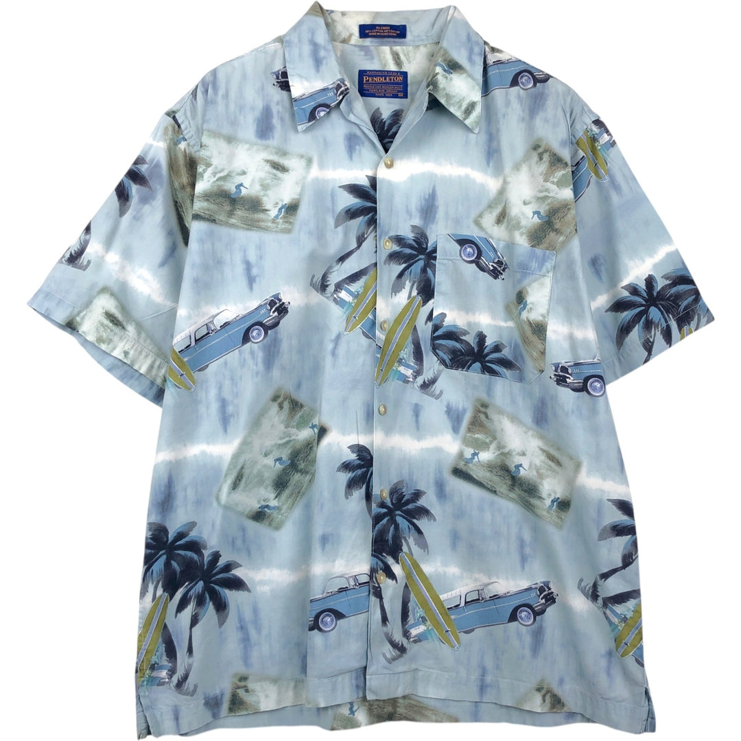 Pendleton all-over print open-collar Hawaiian Aloha shirt, boxy fit, men's size M. cotton Blue type light blue Vintage Second Hand