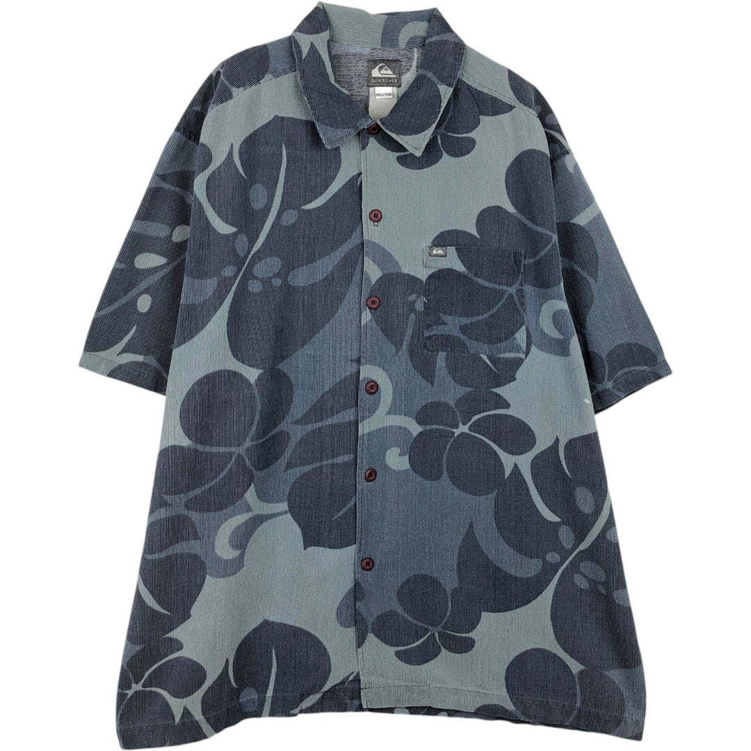QUIKSILVER Hawaiian Aloha Shirt, Boxy Style, All-over Floral/Leaf Pattern, Men's Size XL cotton gray type Vintage Second Hand