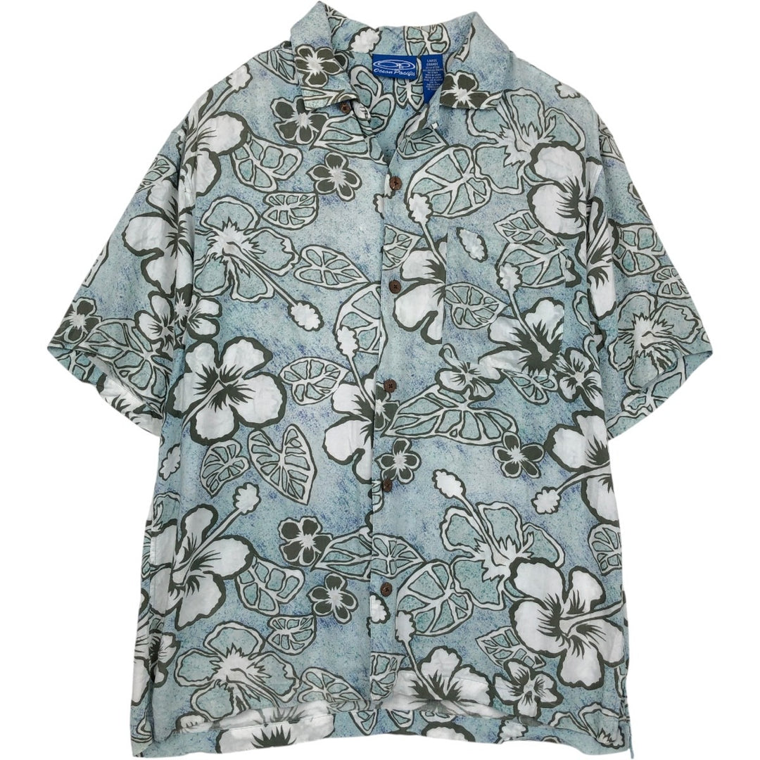 Ocean Pacific Hibiscus Pattern Open Collar Rayon Hawaiian Aloha Shirt Box Shirt Men's Size L (approx.) Rayon Blue type light blue Vintage Second Hand
