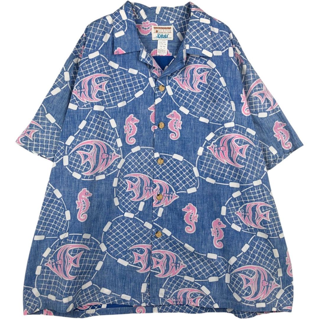 80s-90'S KAHALA all-over fish print open-collar Hawaiian Aloha shirt, boxy style, made in Hawaii, men's size XXL equivalent. cotton navy blue type Vintage Second Hand
