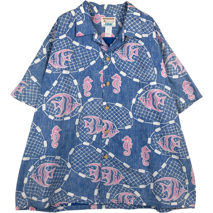 80s-90'S KAHALA all-over fish print open-collar Hawaiian Aloha shirt, boxy style, made in Hawaii, men's size XXL equivalent. cotton navy blue type Vintage Second Hand