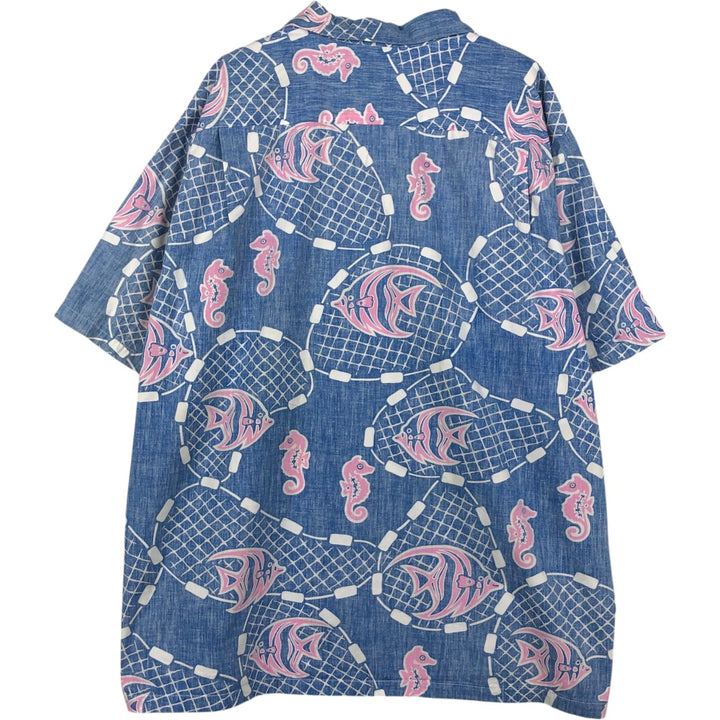 80s-90'S KAHALA all-over fish print open-collar Hawaiian Aloha shirt, boxy style, made in Hawaii, men's size XXL equivalent. cotton navy blue type Vintage Second Hand