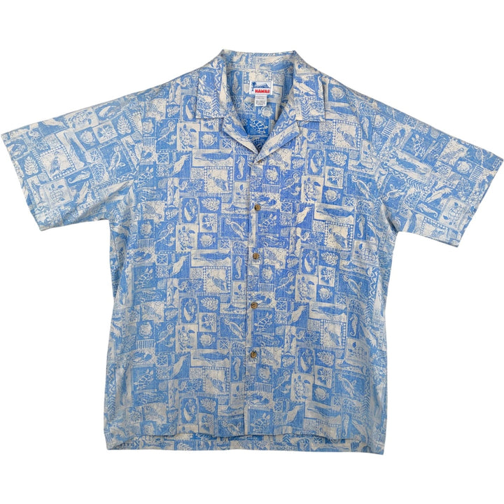 80s-90'S Hawaii All-Over Print Open Collar Hawaiian Aloha Shirt, Boxy Shirt, Made in Hawaii, Men's XL Equivalent, Vintage unclear Blue type light blue Vintage Second Hand