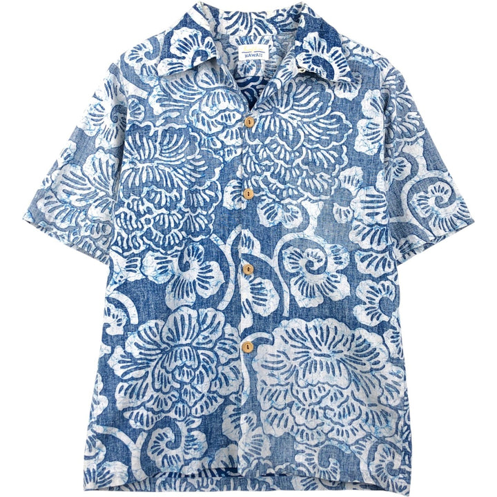 Surf Line Hawaii All-over print open-collar Hawaiian Aloha shirt, boxy style, men's size M equivalent, vintage. unclear Navy blue Vintage Second Hand