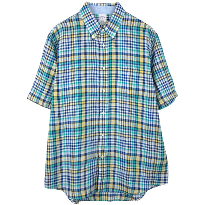 Brooks Brothers 1818 Check Pattern Short Sleeve Linen Button Down Shirt Men's XL linen Blue type light blue Vintage Second Hand