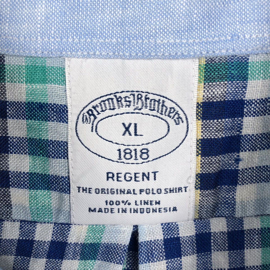 Brooks Brothers 1818 Check Pattern Short Sleeve Linen Button Down Shirt Men's XL linen Blue type light blue Vintage Second Hand