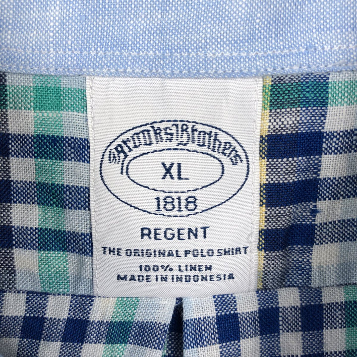 Brooks Brothers 1818 Check Pattern Short Sleeve Linen Button Down Shirt Men's XL linen Blue type light blue Vintage Second Hand
