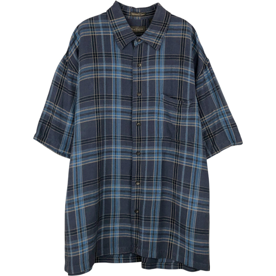 Van Heusen Check Pattern Short-Sleeve Linen Shirt, Boxy Shirt, Men's Size L (approx.) linen blue type Vintage Second Hand