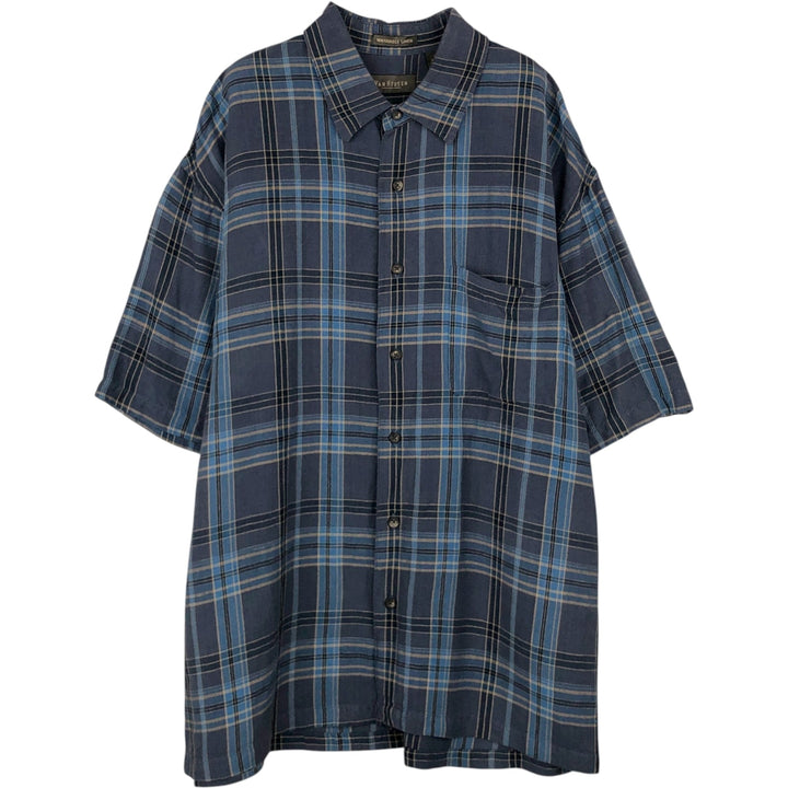 Van Heusen Check Pattern Short-Sleeve Linen Shirt, Boxy Shirt, Men's Size L (approx.) linen blue type Vintage Second Hand